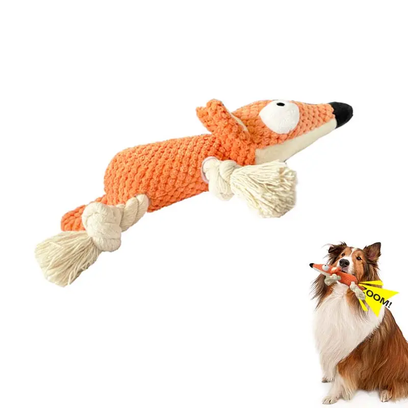 Venta al por mayor de fábrica, juguete de peluche de zorro para perros, juguete chirriante para perros, juguetes interactivos duraderos para masticar perros con nudo de cuerda