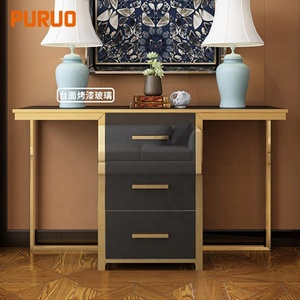Table <span class=keywords><strong>console</strong></span> de maquillage en <span class=keywords><strong>bois</strong></span> avec ligne festonnée, peinture noire moderne, avec un long tiroir, pieds en métal doré pour le salon, écologique - Product Image 6