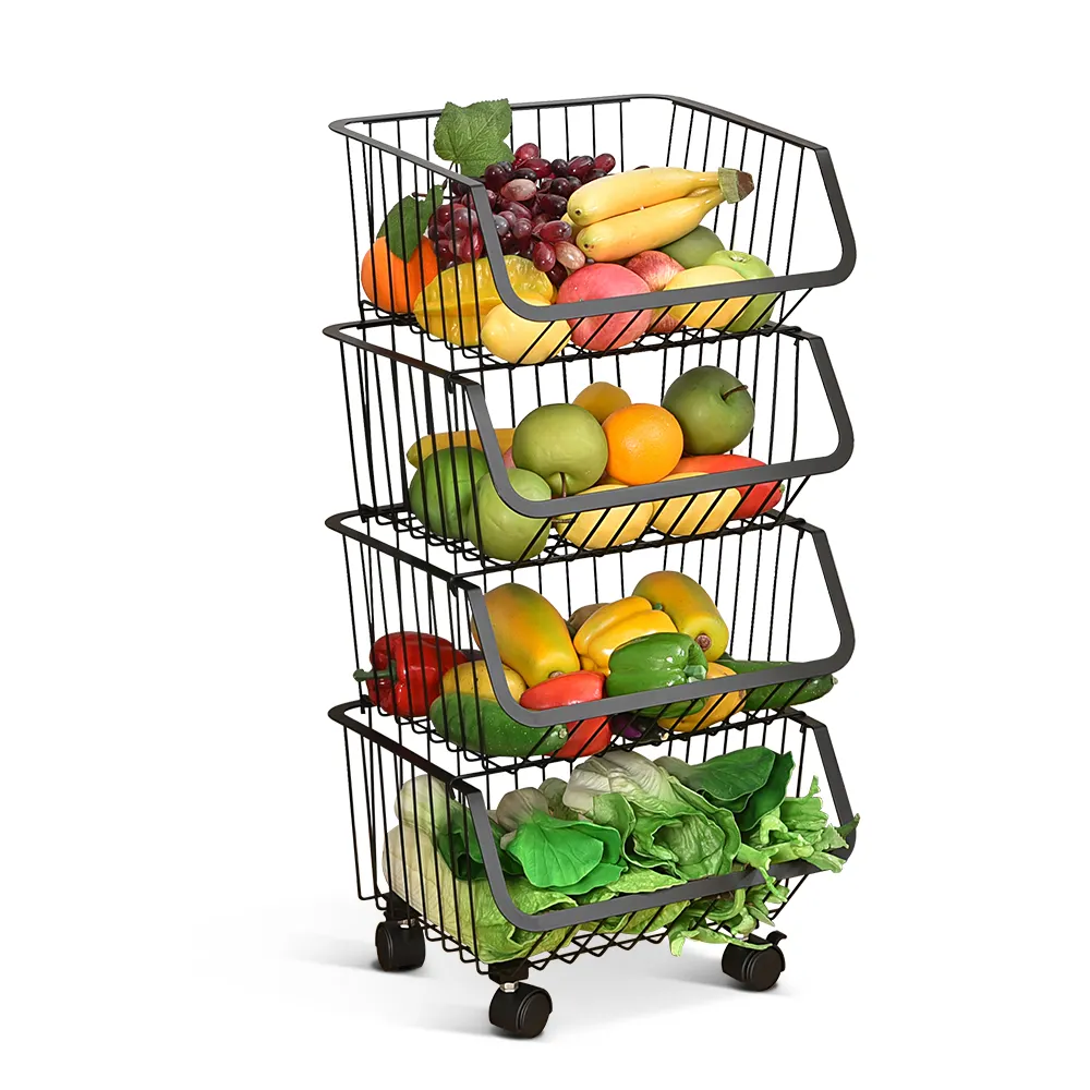 4 tier basket cabinet kitchen home organizer grid wire fold stackable kid toys metal fruit vegetable storage baskets