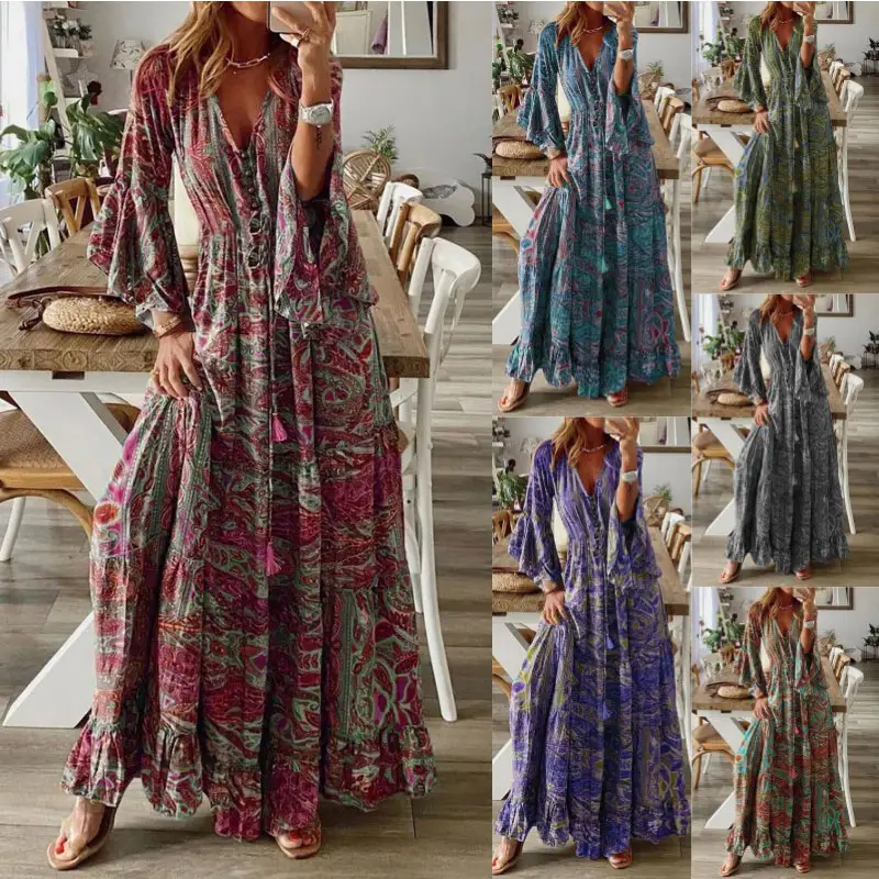 Venta al por mayor de boutique de diseñador de moda Floral Animal Print señoras Sexy elegante vestido largo Maxi vestidos de las mujeres