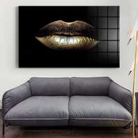 Impression murale moderne en verre trempé Lèvres dorées, Art noir glamour pour la décoration intérieure de salon, boutique, hôtel