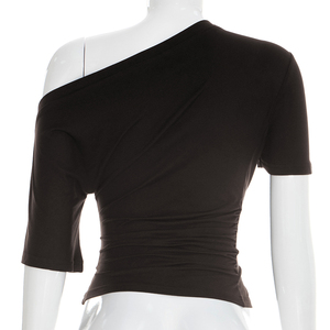 Viviblook Y26TP037 Camiseta de verano para mujer, Top corto informal con hombros descubiertos, cuello elástico de color sólido para mujer - Product Image 5