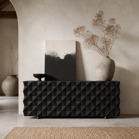 Console d'entrée moderne de luxe noire en bois massif laqué avec design de porte géométrique 3D pour hôtel et salon