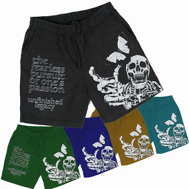 Summer Plus Size Fitness Mens Cotton Custom Silk Screen Printing 3D Puff Print Skull Pattern Bermuda Street Wear Shorts For Men