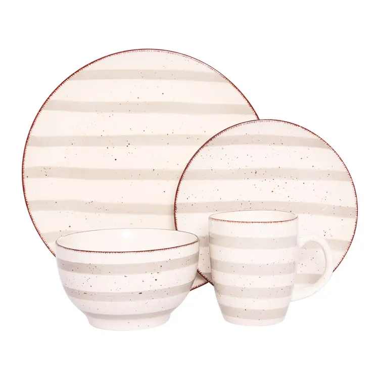 Wholesale hotel restaurant 16pcs hand painted ceramic dinnerware set with Horizontal stripes Fine point