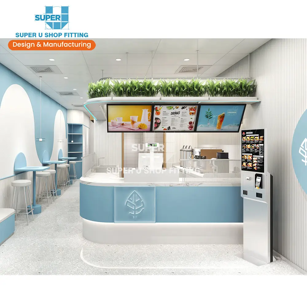 Decoración de tienda de té Boba de moda, muebles de mármol azul personalizados para mostrador, diseño de tienda de té de burbujas para té de leche
