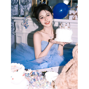 Blue Strapless Tulle Ball Gown Empire Waistline Wedding Dress Bridal Gown Birthday Dress - Product Image 4