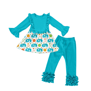 Conjunto de 2 piezas de seda de leche para niñas pequeñas, blusa de manga larga con volantes y pantalones con volantes, conjunto de ropa infantil con estampado de dibujos animados - Product Image 1