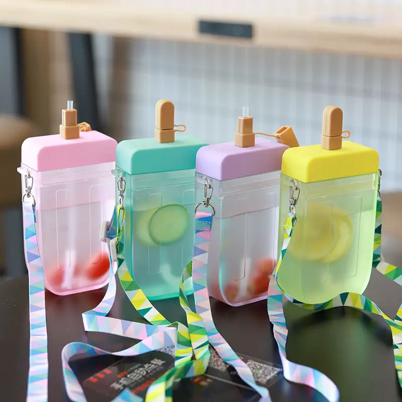 300 ML School Kids Leakproof Water Bottle with Straw - Camping Creative Ice Cream Popsicle Cups with Adjustable Shoulder Strap