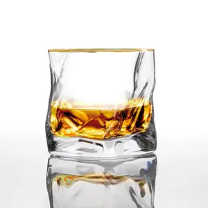 Hàng Mới Về Chunky Glass Cổ Điển Rock Glass Màu Sắc Tùy Chỉnh Thủ Công Pha Lê Whisky Glass Với Vàng Rim