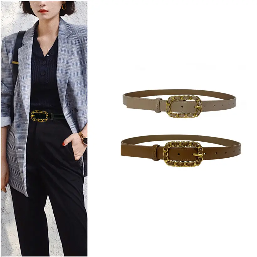 Ceinture en cuir véritable pour femmes, ceinture ajourée avec boucle ardillon carrée, vêtements décoratifs, nouveauté mode