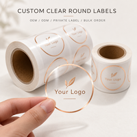 Étiquettes adhésives en PET pour produits de première nécessité en marque blanche, estampage or rose, découpe, étiquettes rondes brillantes transparentes en rouleau