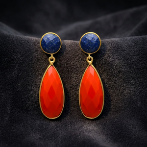 New Arrival <b>Red</b> Onyx Gemstone Lapis Lazuli Gemstone Ethnic Party Gold Plated Dangle <b>Earrings</b> Set - Product Image 3