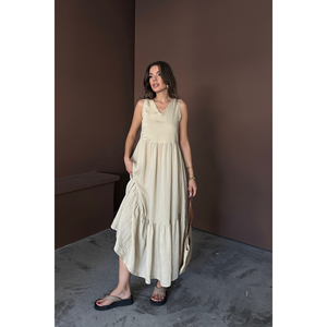 Vestido Maxi Casual Beige Holgado con Volantes y Lazos en la Espalda para Mujer Talla S - Product Image 3