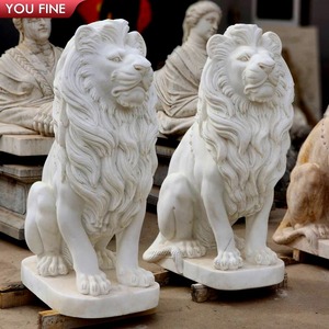 Coppia di Statue di Leoni in Marmo Bianco YOUFINE, Decorazione Classica per Ingresso Villa - Product Image 3