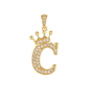 Wholesale Gold Plated Copper Inlaid Zircon Micro Paved Crown 26 English Letters Full Diamond Pendant Hip Hop Fashion Jewelry