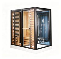 Salle de sauna à vapeur moderne en bois massif pour intérieur, avec douche à séparation humide/sèche et panneau de commande informatique, pour maison et villa
