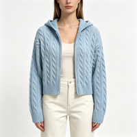 Kajsa – Nouveaux cardigans en tricot personnalisés OEM & ODM pour femmes, de haute qualité, bleus, à fermeture éclair, à capuche, hauts en maille à manches longues, vente en gros