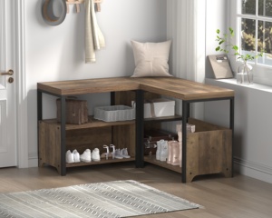 Rustic <strong>Oak</strong> L-Shaped Convertible <strong>Storage</strong> <strong>Bench</strong> Adjustable Wooden Metal Shoe <strong>Bench</strong> for Bedroom Home Use - Product Image 5