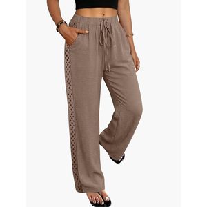 Wide Leg Pants For Women <b>Linen</b> Cotton Elastic Waist High Waisted Palazzo <b>Trousers</b> With Lace Detail Summer Beach Outfits - Product Image 4