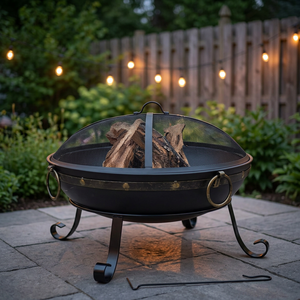 Cast <b>Iron</b> <b>Fire</b> <b>Pit</b> 25.75 In Diameter With Spark Screen Rustic Outdoor Heating Freestanding Wood Burning - Product Image 1