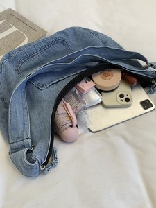 Vintage Indigo Casual Shoulder <b>Bag</b> for Female <b>College</b> Students Jeans Material Button Closure Single Strap Portable Design - Product Image 3