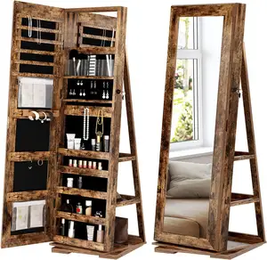 Jewelry Storage Cabinet 360 Rotating Organizer Hanging Full Length Mirror Wooden Jewelry Boxes & Organizers