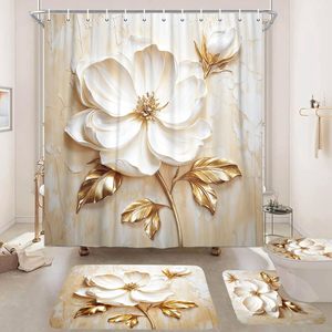 Ensemble <span class=keywords><strong>de</strong></span> rideaux <span class=keywords><strong>de</strong></span> <span class=keywords><strong>douche</strong></span> floraux élégants, design abstrait minimaliste moderne, <span class=keywords><strong>blanc</strong></span> <span class=keywords><strong>et</strong></span> <span class=keywords><strong>or</strong></span>, polyester, 4 pièces, imperméables, avec anneaux, pour salle <span class=keywords><strong>de</strong></span> bain - Product Image 3