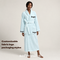 Softextiles Vente en gros Peignoir de spa en velours de coton bleu ciel, à col châle, ceinturé, long, avec deux empiècements, en tissu éponge velours
