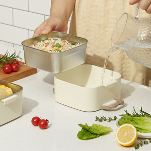 Stainless Steel <b>Round</b> Heatable Lunch <b>Box</b> Cup Bottle Set Microwave Safe Leak Proof Dual Tier 1-2L Capacity Modern Bento <b>Box</b> - Product Image 2