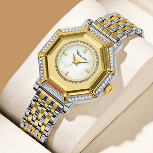 Montre pour femme de qualité supérieure, dorée, avec lunette sertie de cristaux, bracelet en acier inoxydable, mouvement à quartz, montre de luxe, cadeau - Product Image 4