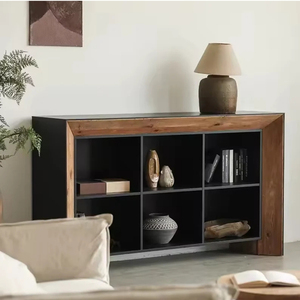 Buffet moderne en bois de pin recyclé, finition naturelle et noire, meuble de rangement en bois pour salon et salle à manger - Product Image 6