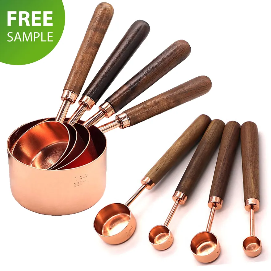 Accessori da cucina 8 pezzi misurini e cucchiai in acciaio inossidabile oro rosa con manico in legno