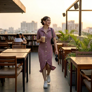 Vestido Camisero Midi de Manga Corta con Cuello Polo, Dobladillo Asimétrico y Detalle de Botones, Color Sólido, Tejido de Tela, Estilo Casual - Product Image 1