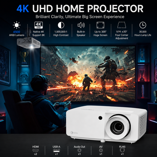 Optoma JEV9012 4K UHD Laser Projector 4500 Lumens for Luxury Villa with Built-in Speakers and DLP 3D
