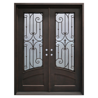 Porte d'entrée moderne et raffinée à double battant en fer forgé et acier, anti-effraction, avec grille décorative à motifs bouclés, pour villa