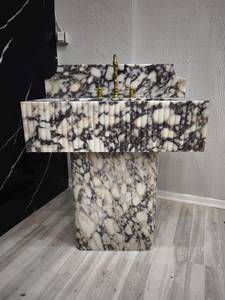 Lavabo Flotante de Mármol Natural de Lujo, Lavabo Integrado de Piedra, Encimera de Baño Montada en la Pared con Diseño Acanalado, Duradero - Product Image 3