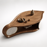 Table basse moderne en forme de feuille, en bois de noyer massif, avec étagère de rangement, pour salon de villa