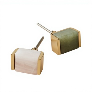 Minimalist Rectangle Stone Furniture <b>Knob</b> <b>Gold</b> Frame White and Green Color Handle for Cabinet <b>Door</b> Decor - Product Image 1