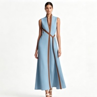 Robe longue en lin sans manches, de qualité standard, avec blocs de couleur, ceinture portefeuille et poches pour femme - Collection Sehe Fashion