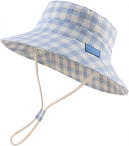 Chapeau Bob en Toile de Coton à Carreaux Bleus à Large Bord, Protection Solaire, Décontracté, pour Bébé, Idéal pour les Voyages et la Plage - Product Image 1