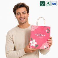 Sac en papier cadeau HONPAK à poignée torsadée, sac de shopping personnalisé rose floral, emballage plat pour fêtes et boutiques
