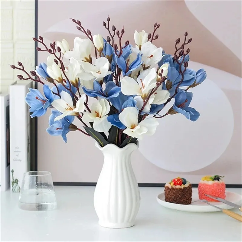 Bouquet de fleurs artificielles en soie, 5 fourchettes, 20 têtes, Simulation de plante Magnolia pour la maison, décoration de salon, fausses fleurs de mariage