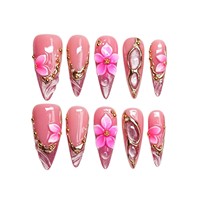 Ongles à presser de luxe, forme stiletto, longs, roses, pailletés, fleurs 3D, perles dorées, faits à la main, 10 pièces, couverture complète avec motifs