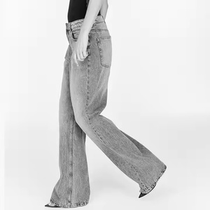 Pantalon évasé en jean décontracté pour femme, taille haute, en coton respirant, coupe droite et large, extensible et confortable, avec logo à la taille, coupe décontractée - Product Image 3