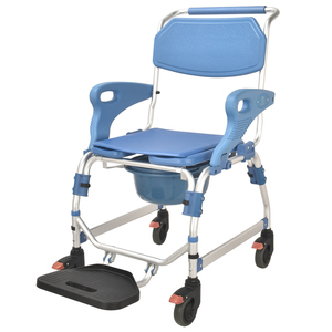 Chaise de toilette médicale robuste en aluminium avec roulettes, avec seau, accoudoirs rabattables et repose-pieds, certifiée CE - Product Image 2