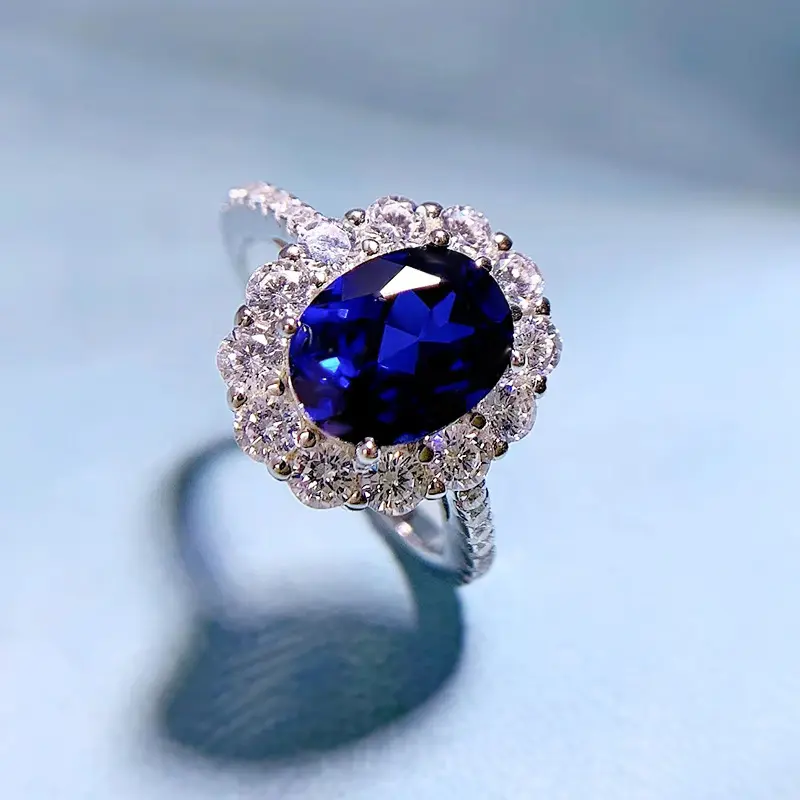 सुंदर गहने 925 चांदी की अंगूठी कृत्रिम सैपफायर अंडाकार 7*9 रिंग लक्जरी जिरकॉन पूर्ण हीरा प्रस्ताव और सगाई अंगूठी