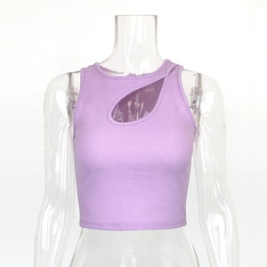Bralette Sexy personalizado para <span class=keywords><strong>mujer</strong></span>, <span class=keywords><strong>chaleco</strong></span> <span class=keywords><strong>cruzado</strong></span> de algodón acanalado, Tops cortos sin mangas de punto - Product Image 4