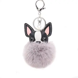 Kawaii Pompom Bag Pingente Charme Pu Couro Animal Dog Chaveiro Chaveiro Pele De Coelho Bulldog Francês Keychain