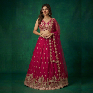 Burgundy Embroidered Bridal <b>Lehenga</b> Choli Wedding Dress Sleeveless V-Neck Floor-Length A-Line Silhouette Polyester Stretchable - Product Image 1